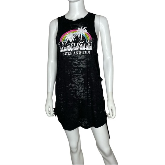 Miken Swim Women's Black Burnout Hawaii Sleeveless Graphic Swimsuit Coverup sz M - Picture 1 of 3
